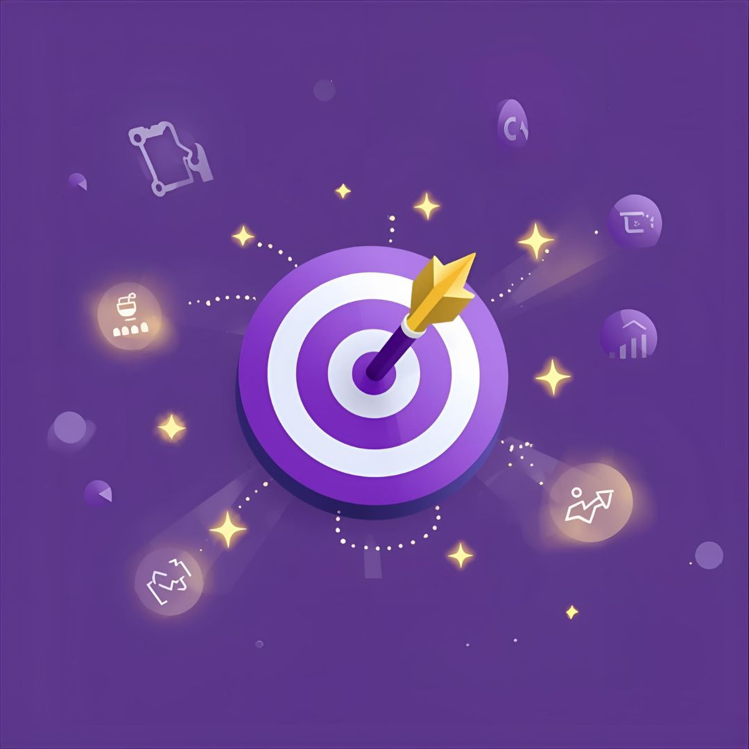 3D target with arrow hitting bullseye surrounded by marketing icons in purple and yellow