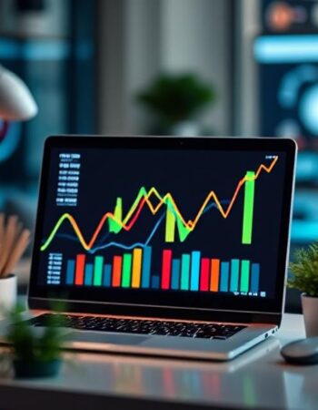 Laptop displaying colorful PPC campaign analytics dashboard