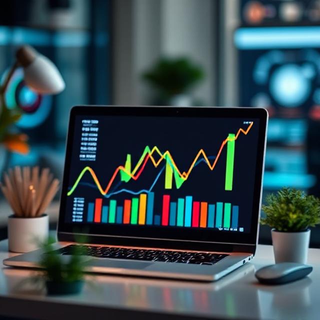 Laptop displaying colorful PPC campaign analytics dashboard